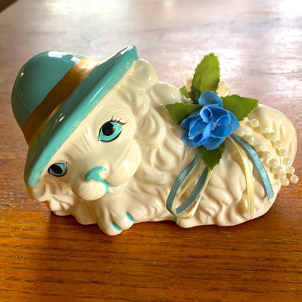Vintage K-Mart ceramic NIB white & blue dog bank